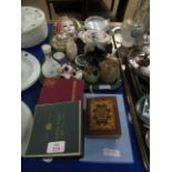 WALL MOUNTED MASK, MIXED ORNAMENTS, FURTHER BOXED MINTON SUGAR BOWL, WEDGEWOOD GLASSES ETC