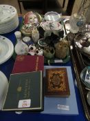 WALL MOUNTED MASK, MIXED ORNAMENTS, FURTHER BOXED MINTON SUGAR BOWL, WEDGEWOOD GLASSES ETC