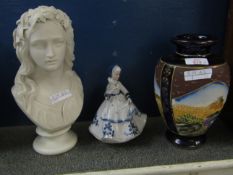 PARIAN WARE TYPE BUST TOGETHER WITH A CONTINENTAL MUSICAL FIGURE AND A 20TH CENTURY JAPANESE VASE