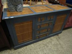 GOOD QUALITY BLUE PAINTED AND BAMBOO SIDEBOARD FITTED CENTRALLY WITH FIVE DRAWERS, FLANKED EITHER