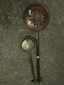 TURN HANDLE COPPER WARMING PAN TOGETHER WITH A REPRODUCTION BRASS WARMING PAN (2)