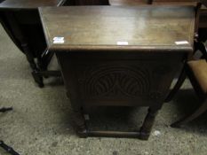 MID-20TH CENTURY OAK FRAMED SMALL PROPORTION SIDEBOARD WITH CANTED CORNERS WITH SINGLE DOOR WITH