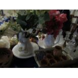 TWO WHITE GLAZED WASH JUG AND BOWLS WITH FAKE FLOWERS TOGETHER WITH A TERRACOTTA WATER JUG AND SIX