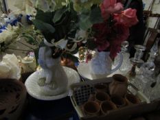 TWO WHITE GLAZED WASH JUG AND BOWLS WITH FAKE FLOWERS TOGETHER WITH A TERRACOTTA WATER JUG AND SIX