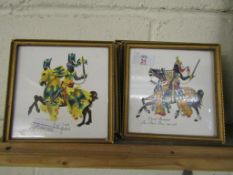 SIX FRAMED TILES WITH PRINTED KNIGHTS