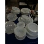 QTY OF PYREX DINNER WARES TO INCLUDE TUREENS, PLATES, SIDE PLATES ETC