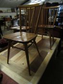 SET OF THREE LIGHT ERCOL HARD SEATED SCHOOL TYPE CHAIRS WITH THREE SPINDLES TO BACK (3)