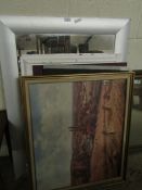 SILVER FRAMED MIRROR TOGETHER WITH ASSORTED PICTURE FRAMES, MIRROR ETC