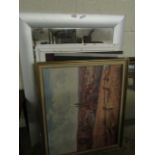 SILVER FRAMED MIRROR TOGETHER WITH ASSORTED PICTURE FRAMES, MIRROR ETC