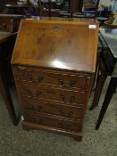 REPRODUCTION NARROW YEW WOOD BUREAU WITH DROP FRONT FITTED WITH FOUR FULL WIDTH DRAWERS