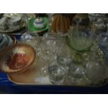 TRAY MIXED GLASS WARES, DECANTERS, CARNIVAL GLASS DISH