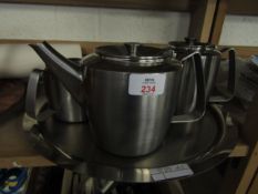 FIVE PIECE STAINLESS STEEL TEA SET AND TRAY