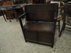 MID 20TH CENTURY MONKS BENCH WITH LIFT UP SEATS AND TWO PANEL FRONT