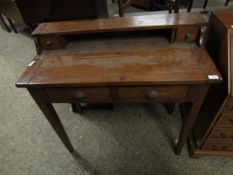 RUSTIC PINE LADIES DESK WITH OPEN SHELF FITTED WITH TWO DRAWERS AND SCALLOPED CUP HANDLES ON