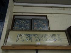 TWO FRAMED MANDARIN SLEEVES, ORIENTAL PICTURE, TWO FURTHER EMBROIDERED ORIENTAL SILKS (5)