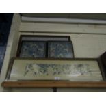 TWO FRAMED MANDARIN SLEEVES, ORIENTAL PICTURE, TWO FURTHER EMBROIDERED ORIENTAL SILKS (5)