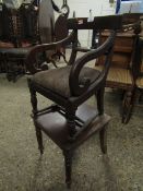 VICTORIAN MAHOGANY CHILDS HIGHCHAIR WITH SCROLL ARM BAR BACK AND UPHOLSTERED SEAT AND STAND (2)