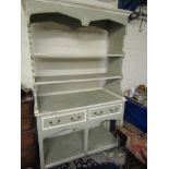 GOOD QUALITY GREEN AND CREAM PAINTED DRESSER WITH TWO OPEN SHELVES, THE BASE WITH TWO DRAWERS WITH