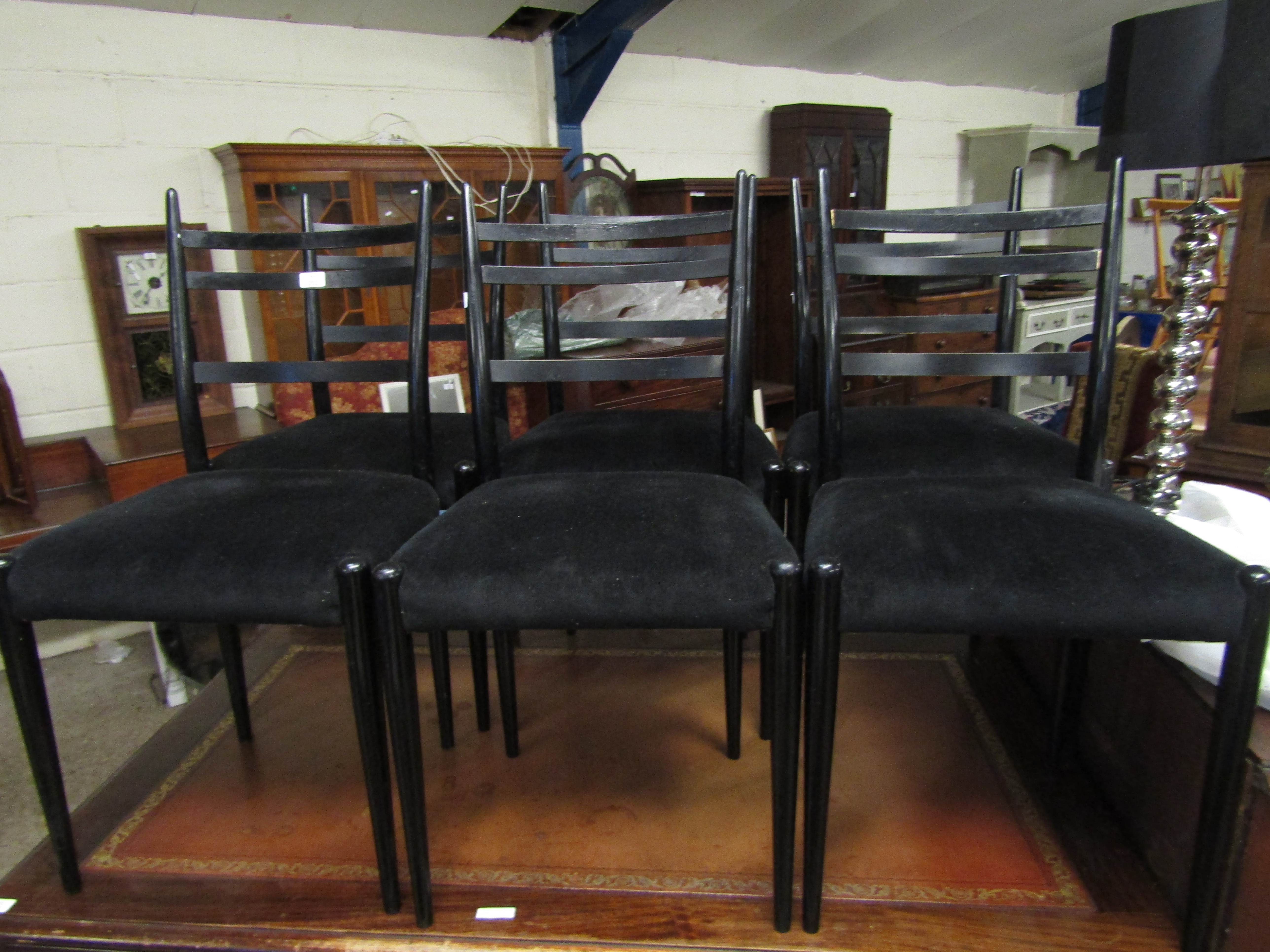 SET OF SIX RETRO G-PLAN EBONISED DINING CHAIRS WITH BLACK DRAYLON UPHOLSTERED SEATS