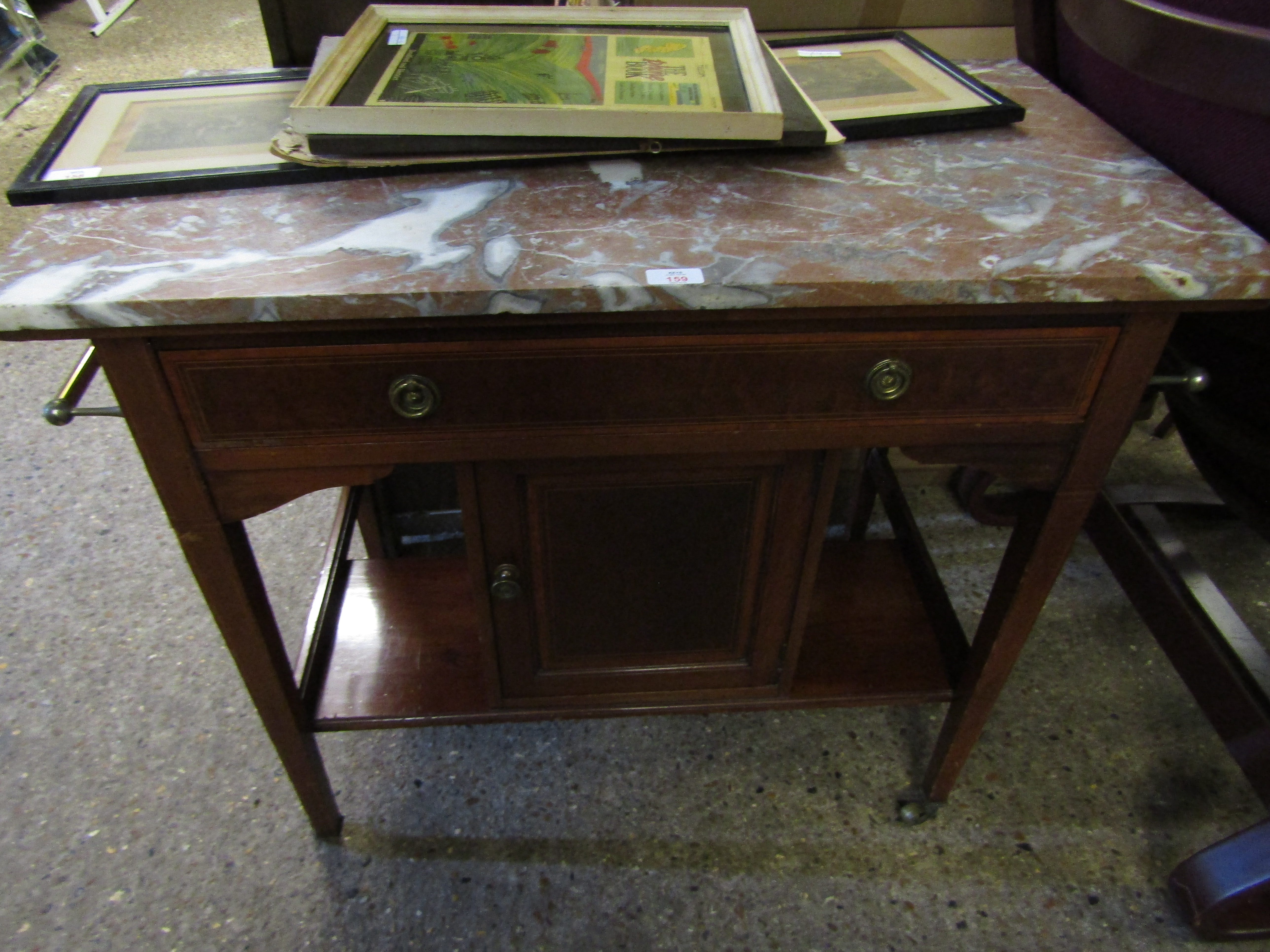 EDWARDIAN MARBLE TOP WASHSTAND WITH SATINWOOD INLAY FITTED WITH SINGLE DRAWER OVER CUPBOARD DOOR