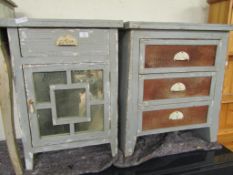 TWO GRAY PAINTED BEDSIDE CABINETS ONE WITH MIRROR FRONT AND ONE WITH FAUX LEATHER AND THREE