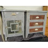 TWO GRAY PAINTED BEDSIDE CABINETS ONE WITH MIRROR FRONT AND ONE WITH FAUX LEATHER AND THREE