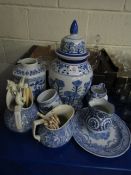 MODERN ORIENTAL VASE, LARGE LIDDED VASE, BLUE AND WHITE JUGS ETC