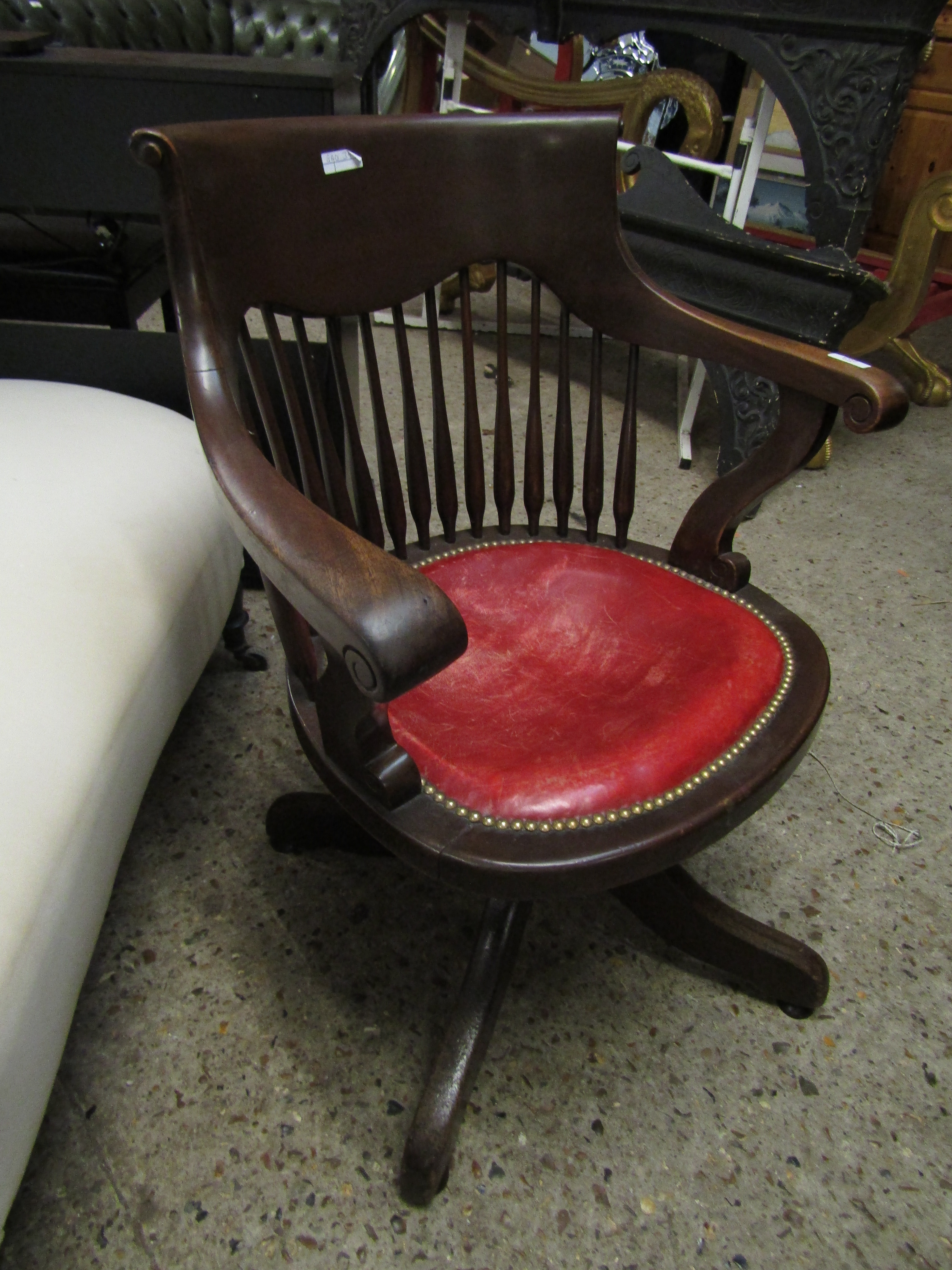 MAHOGANY FRAMED SPINDLE BACK OFFICE ARMCHAIR WITH RED LEATHER AND BUTTON TO SEAT