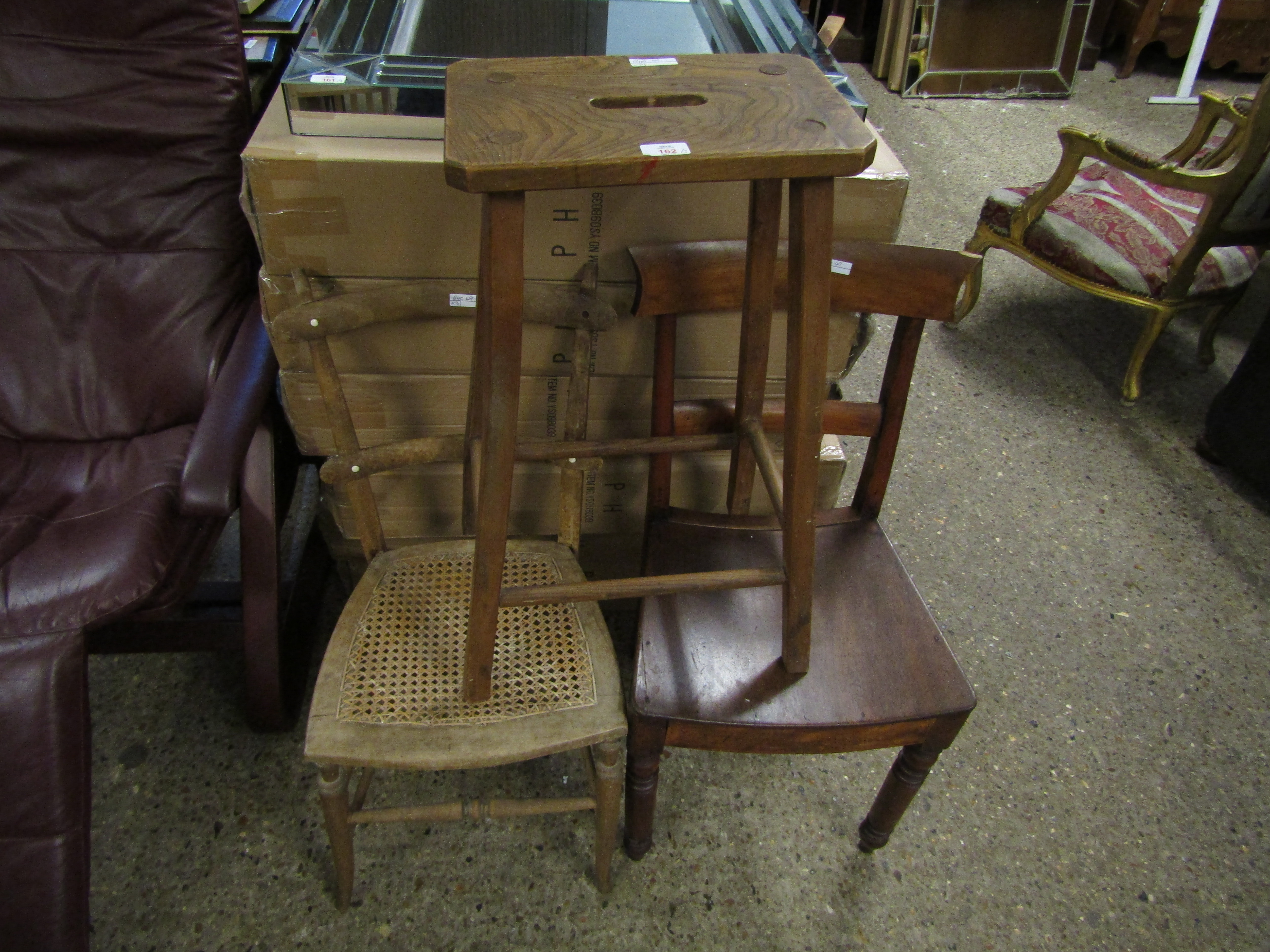 ELM TOP STOOL TOGETHER WITH A CANE SEATED BAR BACK CHAIR AND A FURTHER HARD SEATED BAR BACK DINING