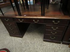 REPRODUCTION MAHOGANY TWIN PEDESTAL DESK FITTED WITH NINE DRAWERS WITH BRASS SWAN NECK HANDLES AND