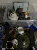 TWO BOXES MIXED CHINA WARES, TREEN CANDLE STICKS ETC