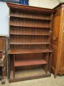 PINE FRAMED BOOK CASE WITH FOUR OPEN SHELVED TOP AND PANEL BACK AND SECTIONAL BASE