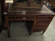 EDWARDIAN MAHOGANY SINGLE PEDESTAL DESK WITH SATINWOOD BOUNDING FITTED WITH FIVE DRAWERS AND LEATHER