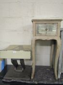 WOODEN MADE INDUSTRIAL TYPE STOOL WITH CREAM PAINTED TOP TOGETHER WITH A FURTHER MIRRORED SINGLE