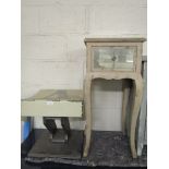 WOODEN MADE INDUSTRIAL TYPE STOOL WITH CREAM PAINTED TOP TOGETHER WITH A FURTHER MIRRORED SINGLE