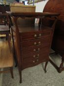 EDWARDIAN MAHOGANY MUSIC CABINET WITH TRAY TOP FITTED WITH FIVE DRAWERS WITH DROP FRONTS