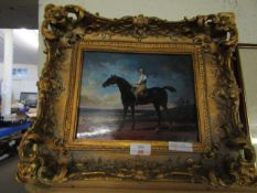 DECORATIVE GILT FRAMED PICTURE OF A RACE HORSE AND JOCKEY