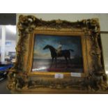 DECORATIVE GILT FRAMED PICTURE OF A RACE HORSE AND JOCKEY