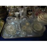 TRAY MIXED GLASS WARES, DISHES, DECANTER ETC