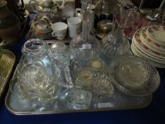 TRAY MIXED GLASS WARES, DISHES, DECANTER ETC