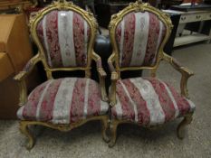 PAIR OF LOUIS XV GILT FRAMED ARMCHAIRS WITH CABRIOLE FRONT LEGS, CARVED FLORAL DETAILS THROUGH OUT