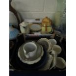 TWO BOXES ROYAL DOULTON BABY FEEDING PLATE. A COTTAGE WARE TEAPOT, CHINA WARES ETC (2)