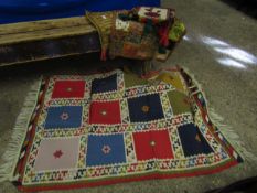 DECORATIVE INDIAN BEAD WORK/PATCHWORK TYPE QUILT, A CARPET AND TWO BAGS