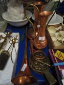 TWO COPPER TYPE JUGS, HUNTING HORN AND SMALL PRESS BRASS BELLOWS