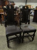 PAIR 19TH CENTURY GOTHIC OAK CARVED BACK CHAIRS WITH BROWN REXINE UPHOLSTERED SEATS AND BACK