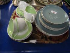 TRAY SUZIE COOPER GREEN POLKA DOT PART TEA WARES, FURTHER ROYAL DOULTON SPIN DRIFT PLATES