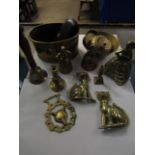 BOX OF BRASS FIGURE FORMED TABLE BELLS, FURTHER VINTAGE SPECTACLES A TROUGH ETC