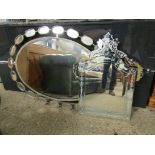 MODERN VENETIAN TYPE MIRROR TOGETHER WITH A METAL FRAMED WALL MOUNTED MIRROR WITH OVAL SURROUND (2)