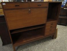 GOOD QUALITY TEAK FRAMED BUREAU FITTED WITH SIX DRAWERS WITH OPEN SHELVES AND DROP FRONTS