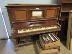 A HEINDORFF OF BERLIN MAHOGANY CASED UPRIGHT PIANOLA WITH METAL FRAME TOGETHER WITH TWO BOXES OF